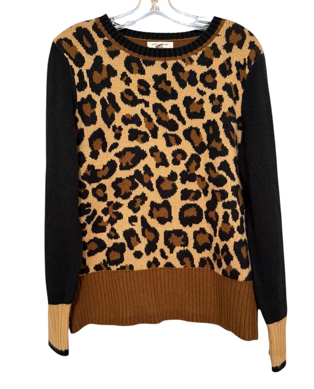 BeachLunchLounge Leopard Animal Print Colorblock Knit Sweater Size L